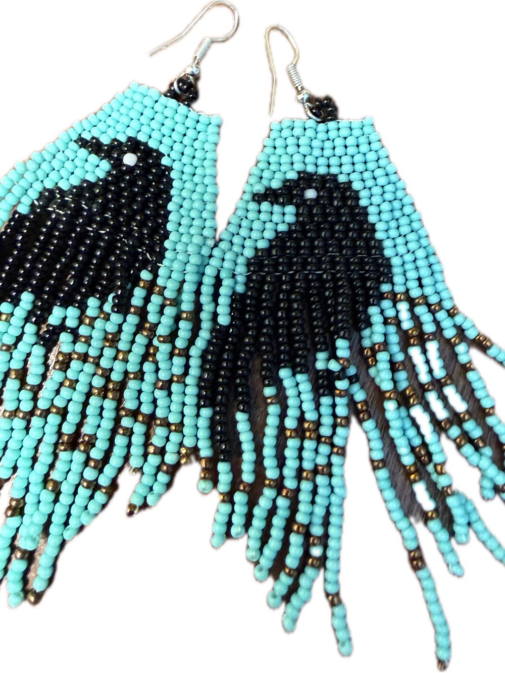 Handmade Black & Turquoise Raven / Crow Beaded Fringe Earrings Halloween